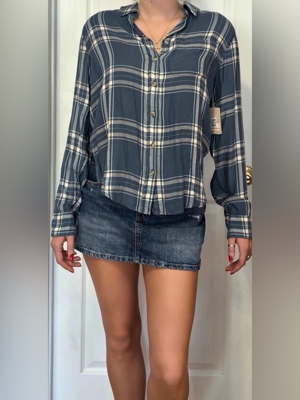 Lucky Brand Cloud Soft Plaid Button-Down Shirt Blue & White XS